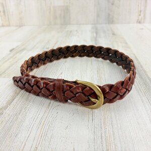 Lands' End Kids Boys Brown Leather Braided Belt Size 22 Brass Buckle Made in USA